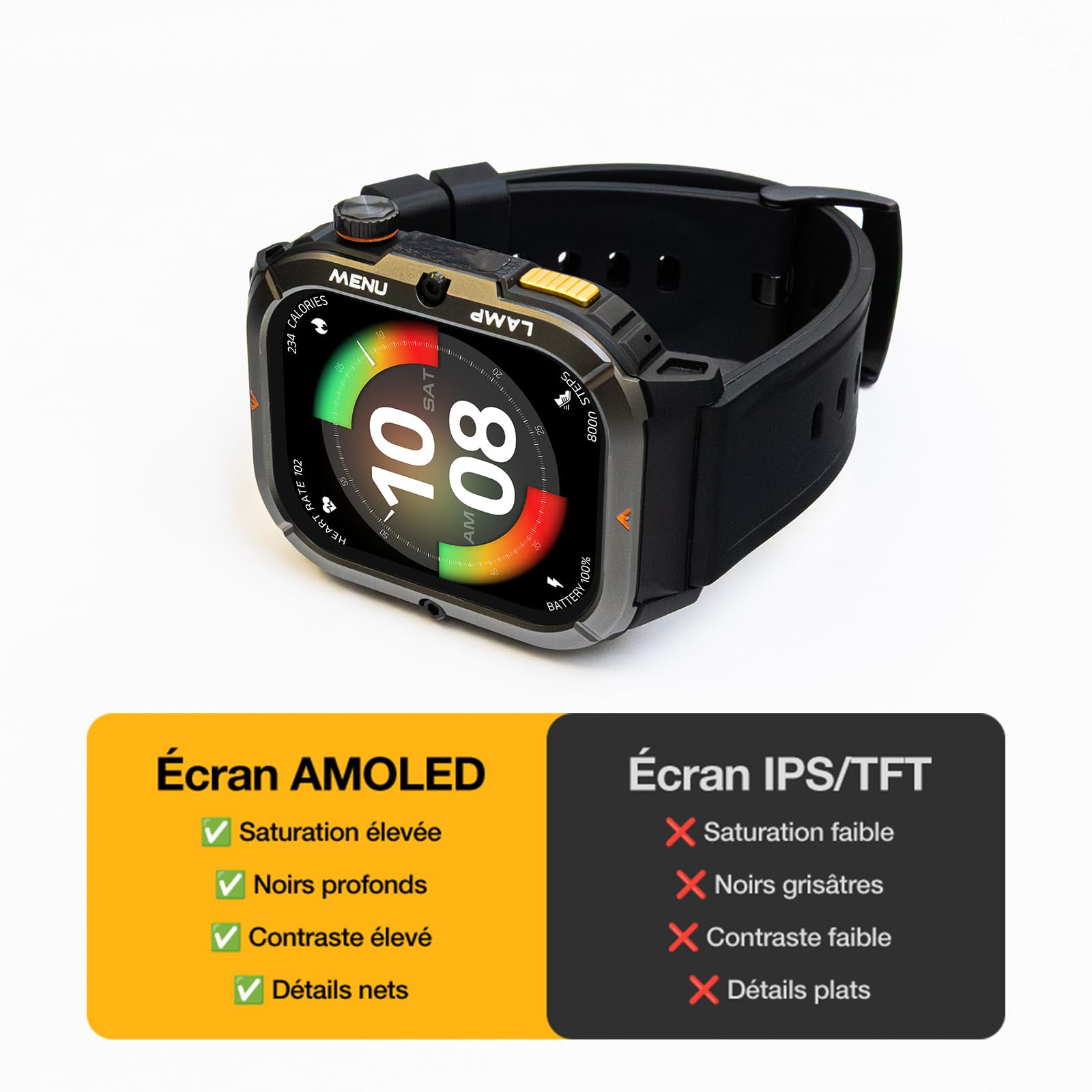 AGM Legion 3 Montre Connectée AMOLED 1,95" 5ATM MIL-STD-810H Lampe LED | Anti-choc Militaire, Écran AMOLED 1,95", MIL-STD-810H, 5ATM, Lampe LED, Appels Bluetooth, Montre Chantier