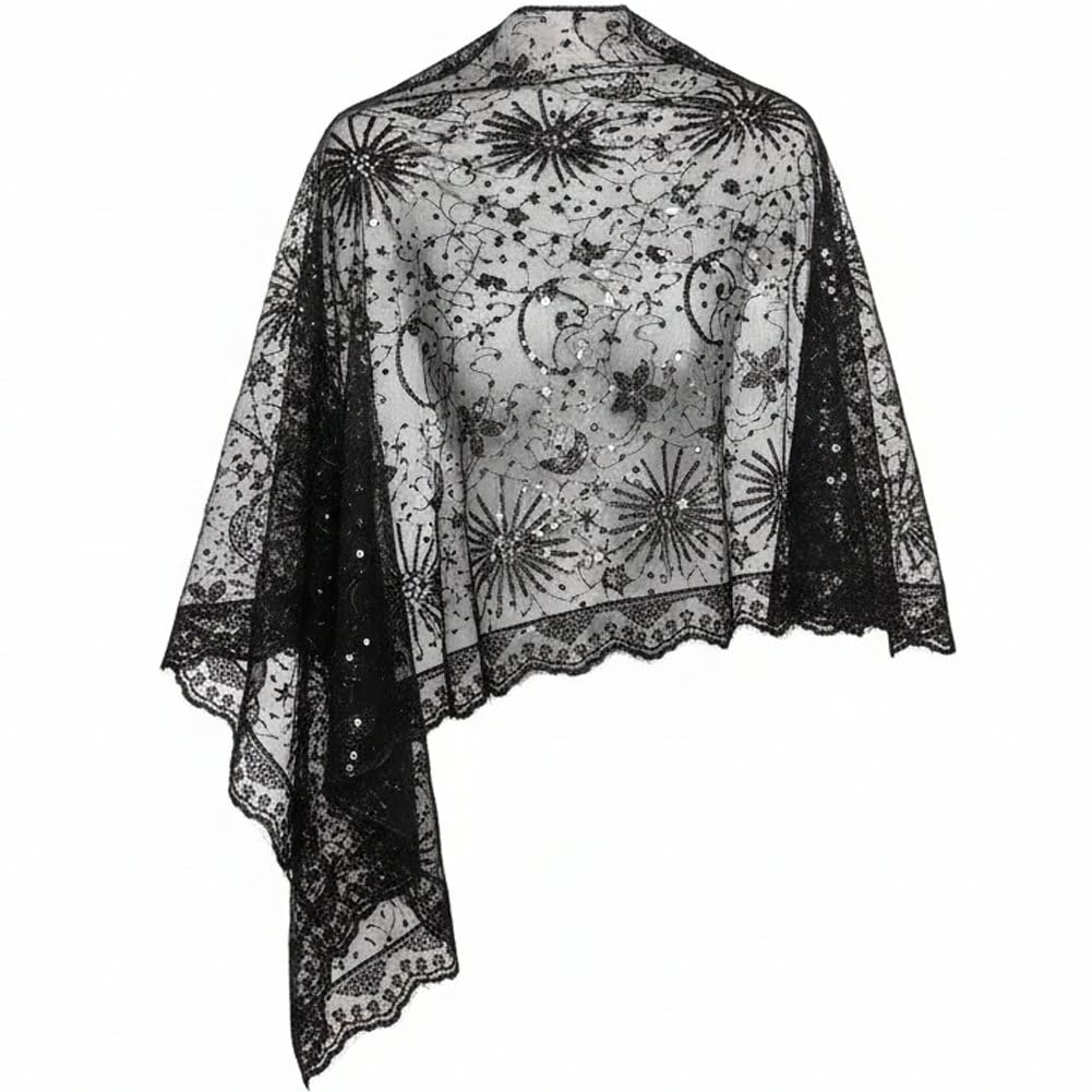 Hrippy Sequin Star Moon Mesh Shawl Wrap, Sparkly Sheer Accessory for Women Bridal Evening Wedding Party Dress Match