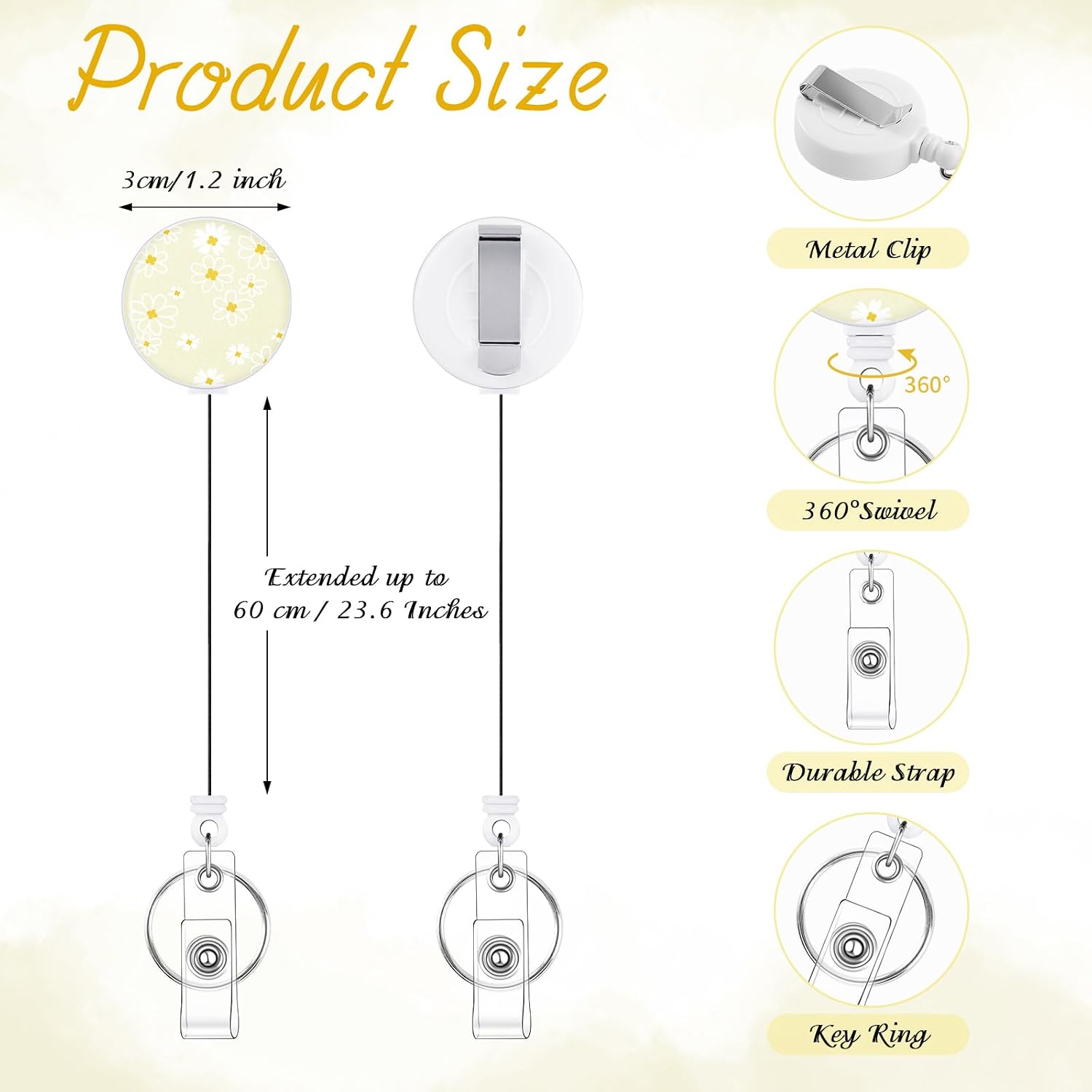  3 Pack Retractable Badge Reels with Key Ring, Flower02 thumbnail