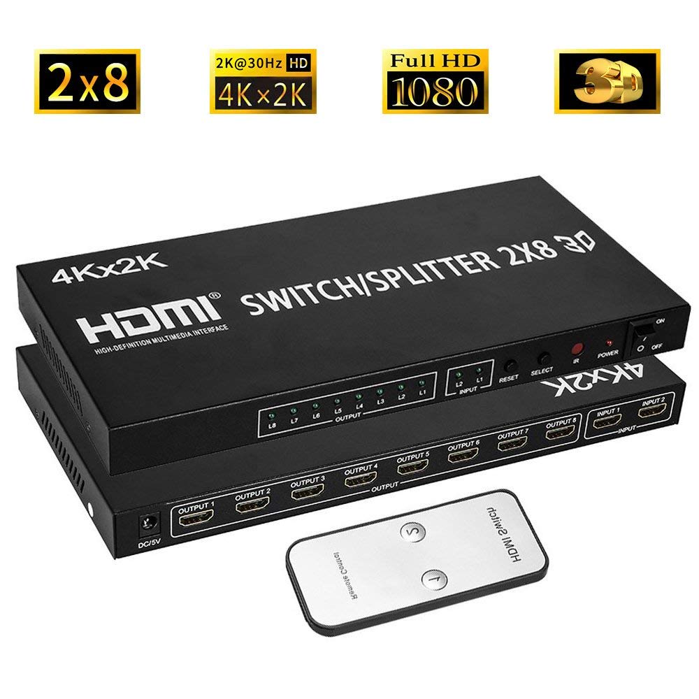 2X8 HDMI Splitter, Full HD 4K Video HDMI Switcher 2x8 Split 2 in 8 out Dual Screen per PS3 Xbox PC a HDTV Monitor Proiettore con alimentazione