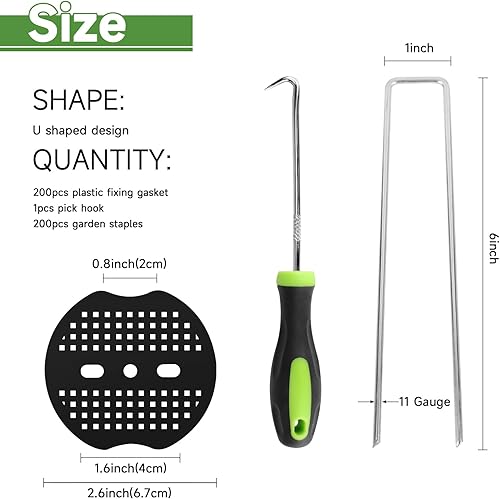 Miniatura 10 de Juego de grapas de paisaje, 50 estacas de jardín galvanizadas de calibre 11 de 6 pulgadas + 50 juntas + 1 gancho de selección, estacas de tienda de