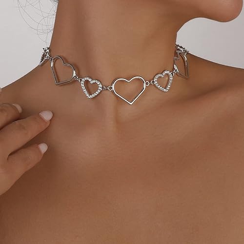 Miniatura 2 de Jumwrit Gargantilla de corazón de diamantes de imitación, lindo collar de corazón entrelazado, collar de cadena de corazón de amor brillante para