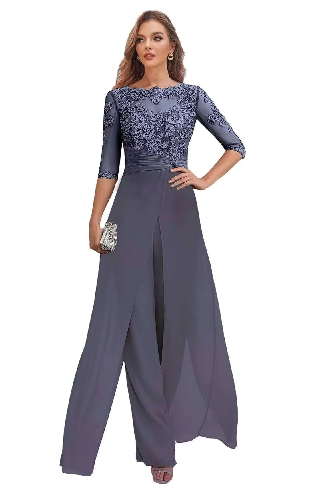 2 Pieces Mother of The Bride Pant Suits for Women Dressy - Chiffon Lace Applique Wedding Guest Formal