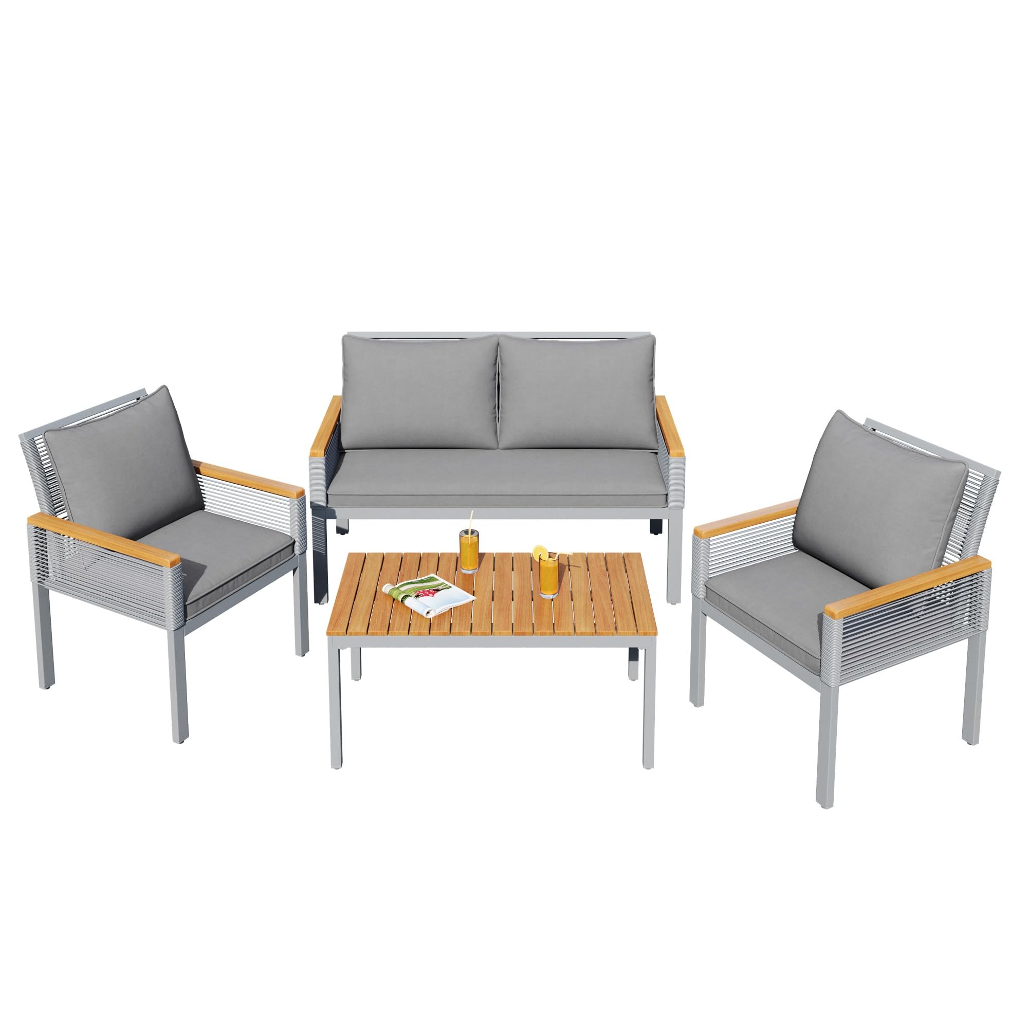 Conjunto jardín Exterior de ratán, Mueble de Jardín 4 Piezas, Conjunto Terraza de Muebles de balcón Lounge para 4 Personas, Exterior Muebles de Patio con sofá Doble, 2 sillones y Mesa (Gris)