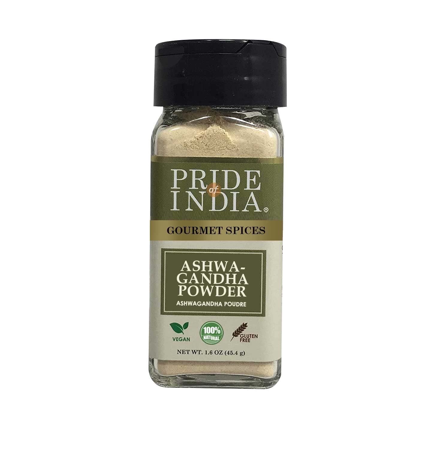 Pride of India – Natural Ashwagandha Root Ground – Health Benefits – Good for Energy Level/Body Functions – No Gluten/Additives – Easy To Use – 1.6 oz. Small Dual Sifter Jar