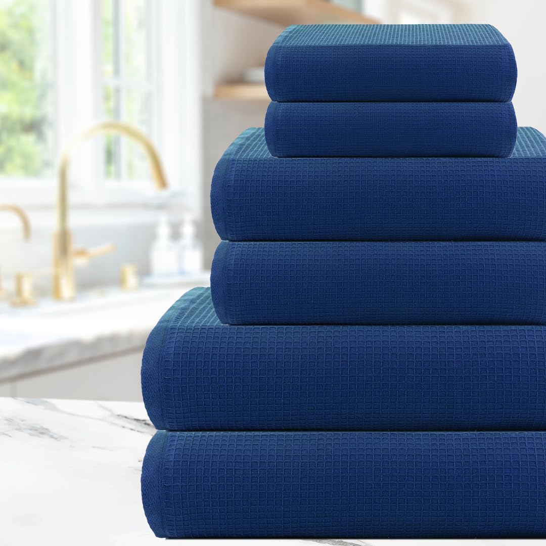 Casa Copenhagen Juego de 6 Toallas de baño, 600 g/m², Azul Marino | Waffle 100% algodón egipcio puro para baño, cocina y ducha: 2 toallas baño, 2 de mano, 2 paños (set regalo mujer y hombre)