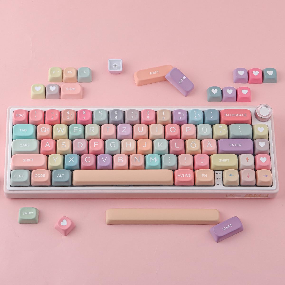 Sunzit Keycaps, 132 Tasten MOA Profil PBT ISO DE Keycaps Niedliches Regenbogen Bonbon Set mit individuellen Tastenkappen für Cherry MX-Schalter ISO DE Layout Mechanische Gaming Tastatur(DE Layout)