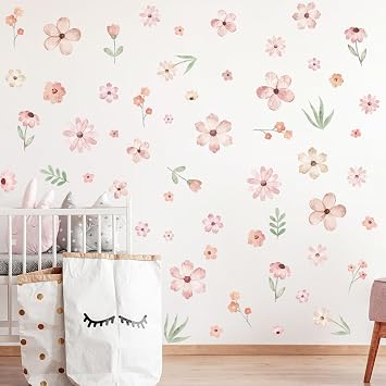 Boho Flower Wall Decals,Pink Watercolor Flower Art,Wildflower Wall Decals,Girls Bedroom Removable Sticker,Nursery Kids Room Decor Vinyl Murals DIY Cute Decorations
