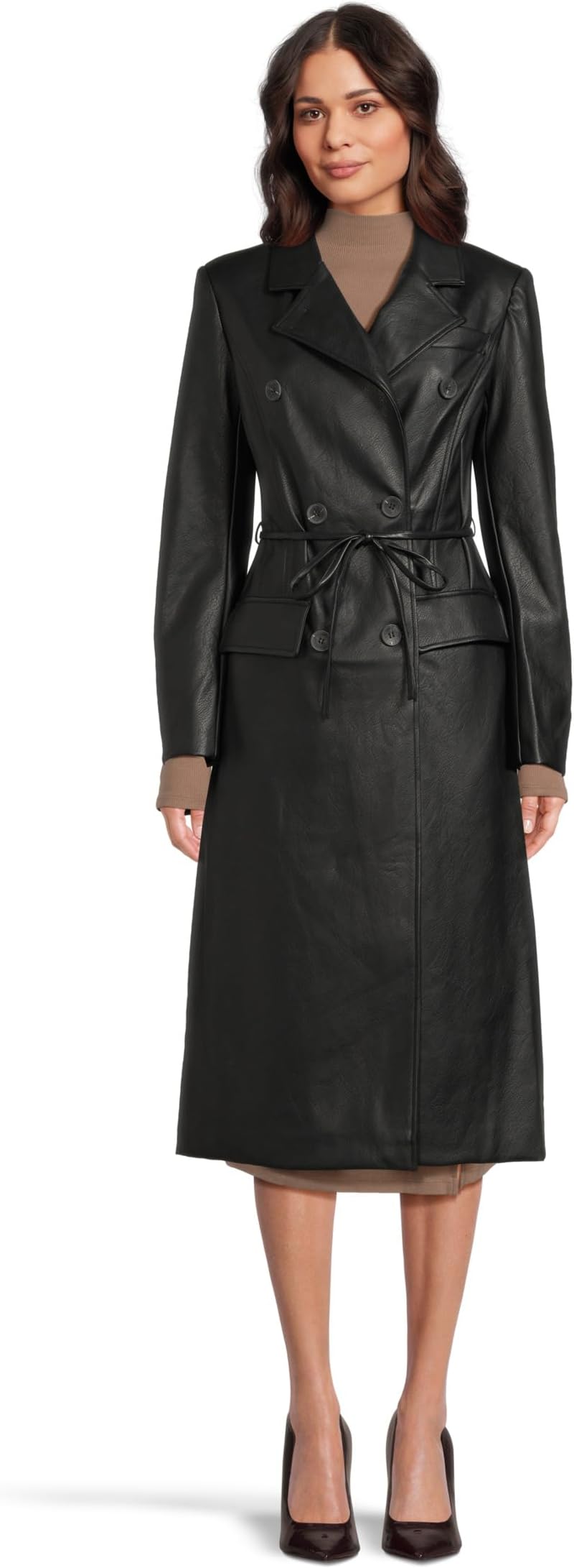 Women's Belted Faux Leather Trench Coat