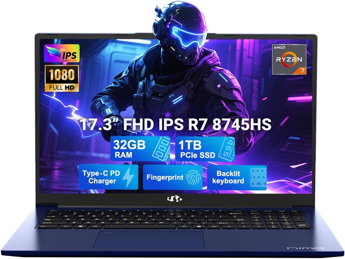 NIMO 17.3" Light-Gaming-Laptop, 8 Cores AMD Ryzen 7 8745HS 32GB DDR5 RAM 1TB SSD (Beat R9 6900HX, up to 4.9GHz) Radeon 780M GPU IPS FHD Computer with 100W Type-C Fingerprint, Backlit Keyboard