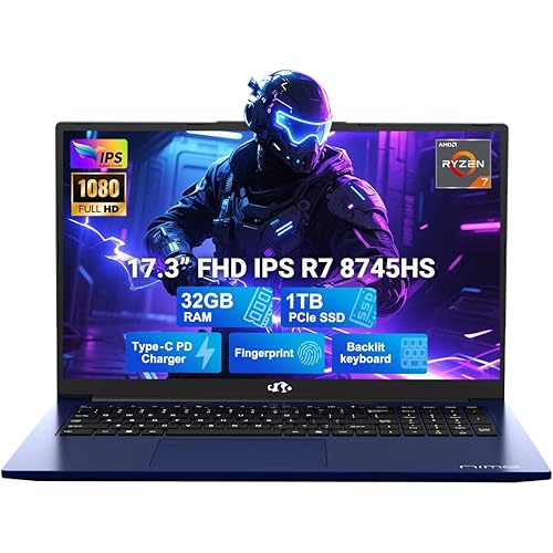 NIMO 17.3" IPS FHD-Gaming-Laptop, AMD Ryzen 7 8745HS 32GB DDR5 RAM 1TB SSD (8C/16T, up to 4.9GHz) Radeon 780M Graphics Business Computer with 100W Type-C Backlit Keyboard, Fingerprint USB-C 4.0
