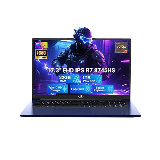NIMO 17.3" IPS-Gaming-Laptop, AMD Ryzen 7 8745HS Up to 4.9GHz Beat R9 7940HS 32GB RAM 1TB SSD Radeon 780M-Graphics, WiFi 6E USB4 Backlit Keyboard Fingerprint, Win 11 PC for Work & Play 2-Yr Warranty