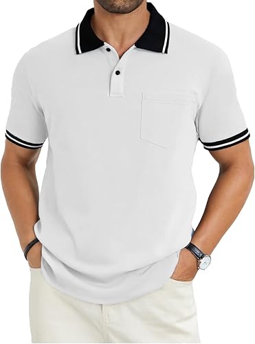 Men's Casual Short Sleeve Polo Shirts Classic Button Summer Collared Golf Top T-Shirt with Pocket