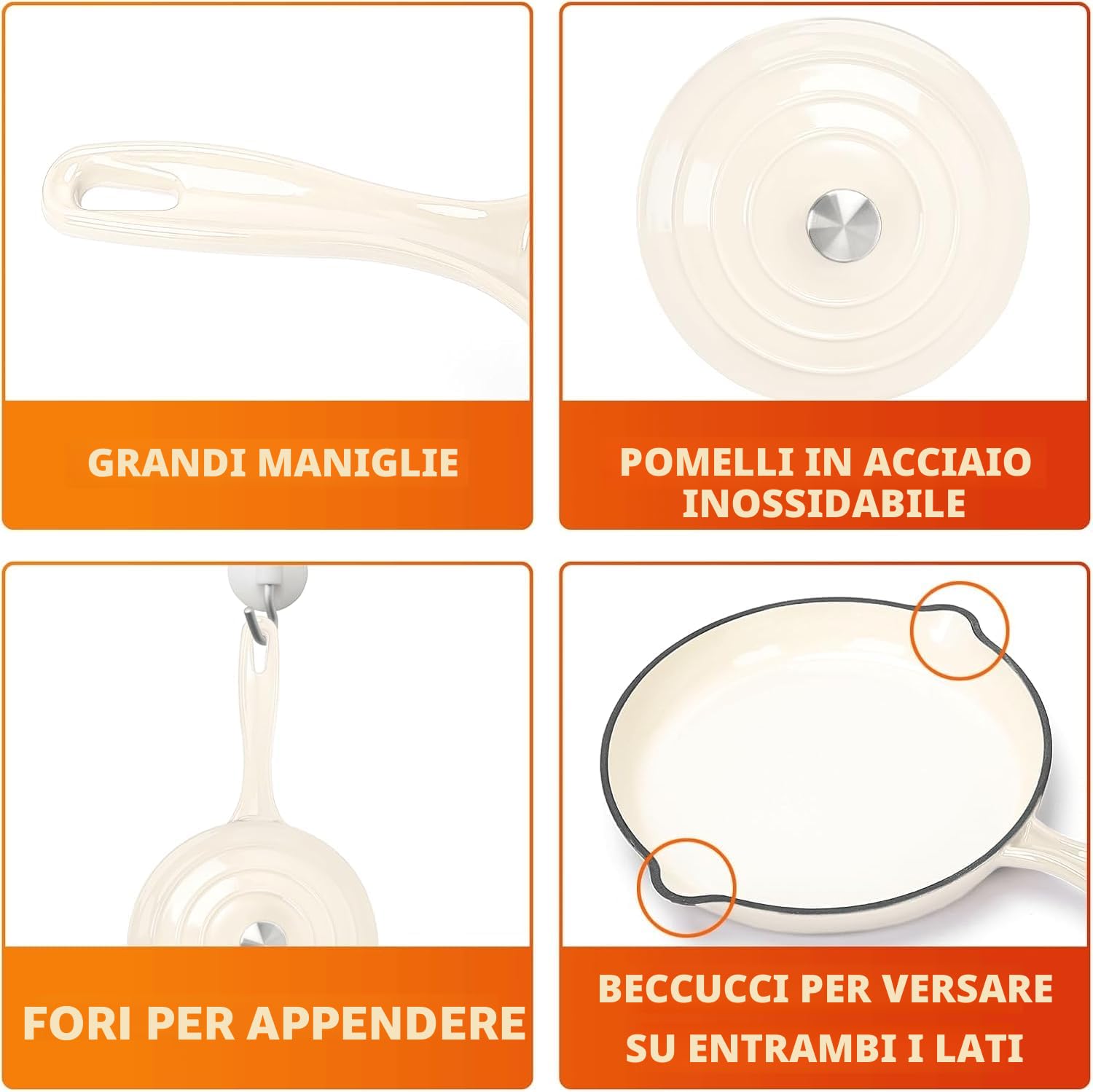 Denmay Set di pentole in ghisa smaltata – Set di 7 pezzi con forno olandese, padella, stufato, pentola per salsa con 3 coperchi, set da forno olandese, adatto per tutti i piani cottura, bianco crema