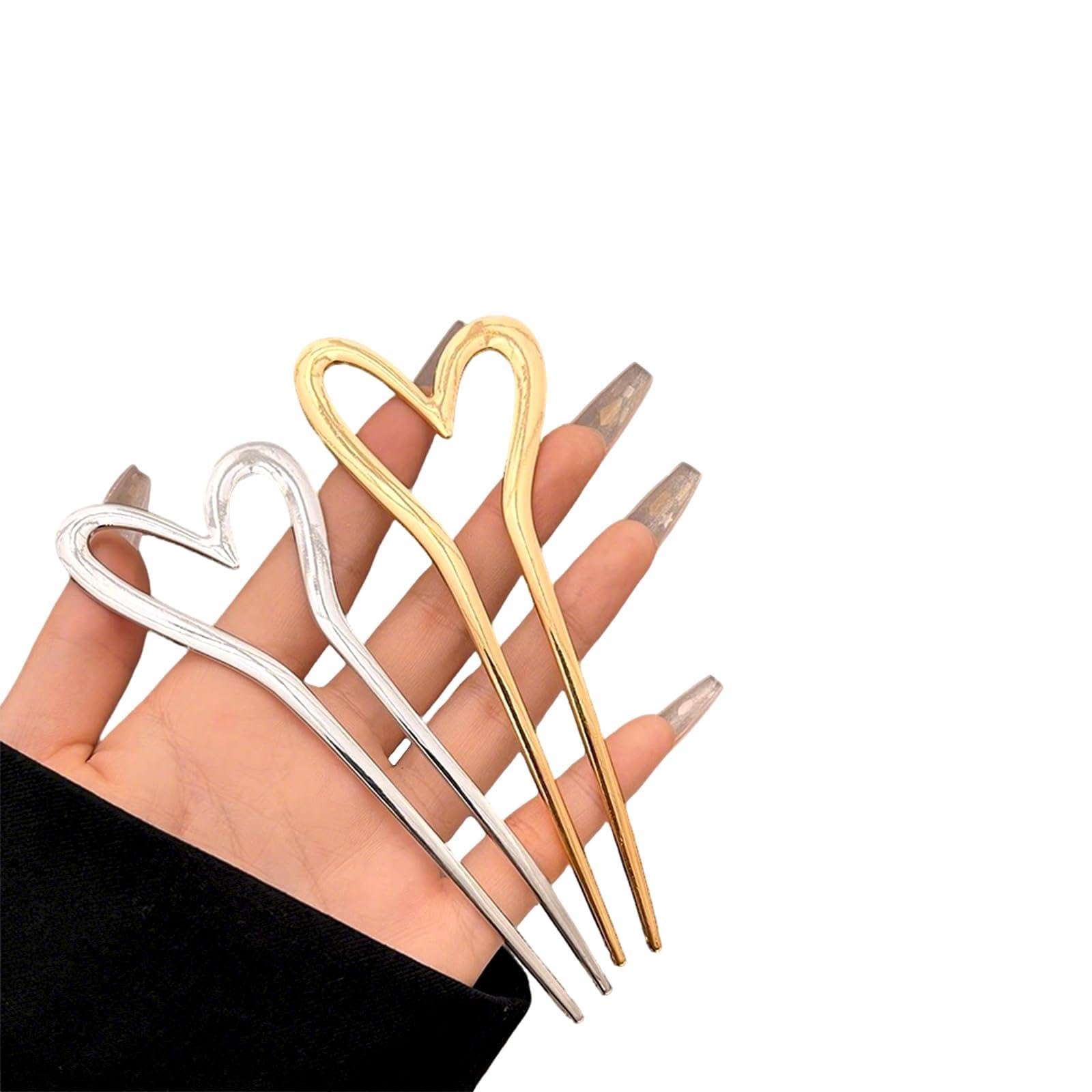 French hair pins for women 2pcs,Suitable for Braids, Buns and Updos with No Hair Damage,Metal U-shaped Pin Great Hold,Suitable for fine & thick hair US292. (5.15 inches Heart U-shaped) 1 Count (Pack of 2)