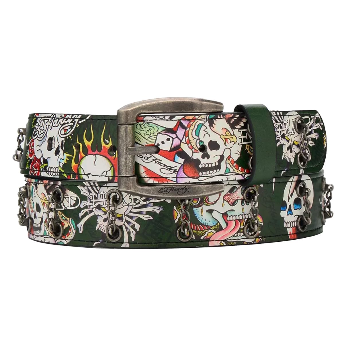 ED HARDY Men's Skull Tattoo Print with Chain Studs 38mm Belt, Olive, 38