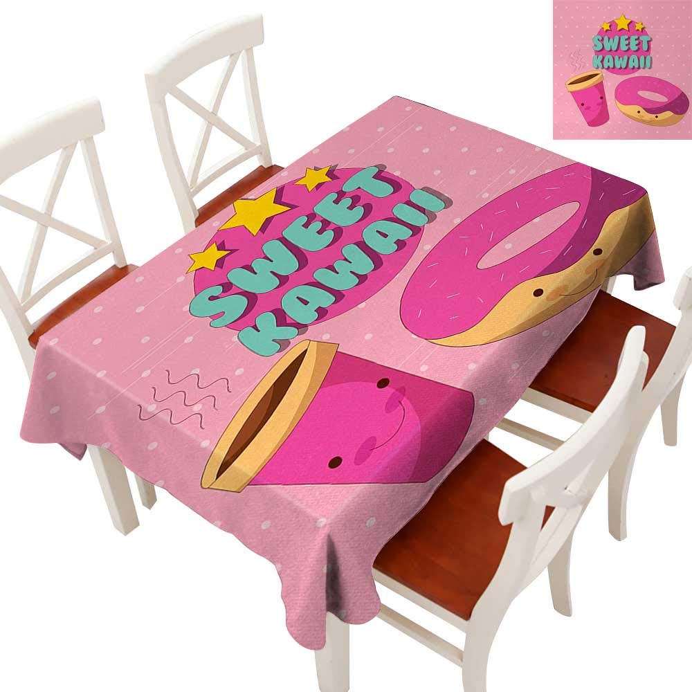 WinfreyDecor Elegance Engineered Christmas Tablecloth Patterns Tablecloths for Kitchen Sweet Kawaii Lettering with Donut and Coffee Smiling Cartoon Characters Pink Backdrop Multicolor 60" × 102"