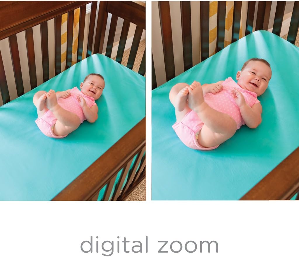 Two images side-by-side showing a baby in a crib, one at normal view and the other digitally zoomed in.