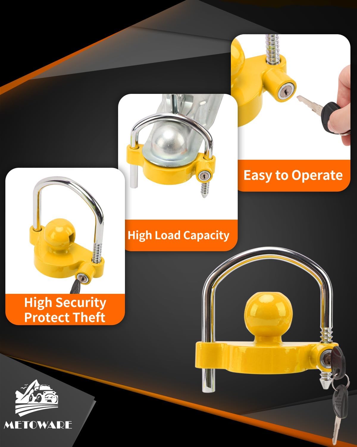 METOWARE Trailer Coupler Lock Universal Adjustable Heavy-Duty Steel Trailer Hitch Lock, Anti Theft Trailer Ball Lock Towing Lock for Towing Trailer Security Fits 1-7/8",2”, 2-5/16" Coupler Yellow