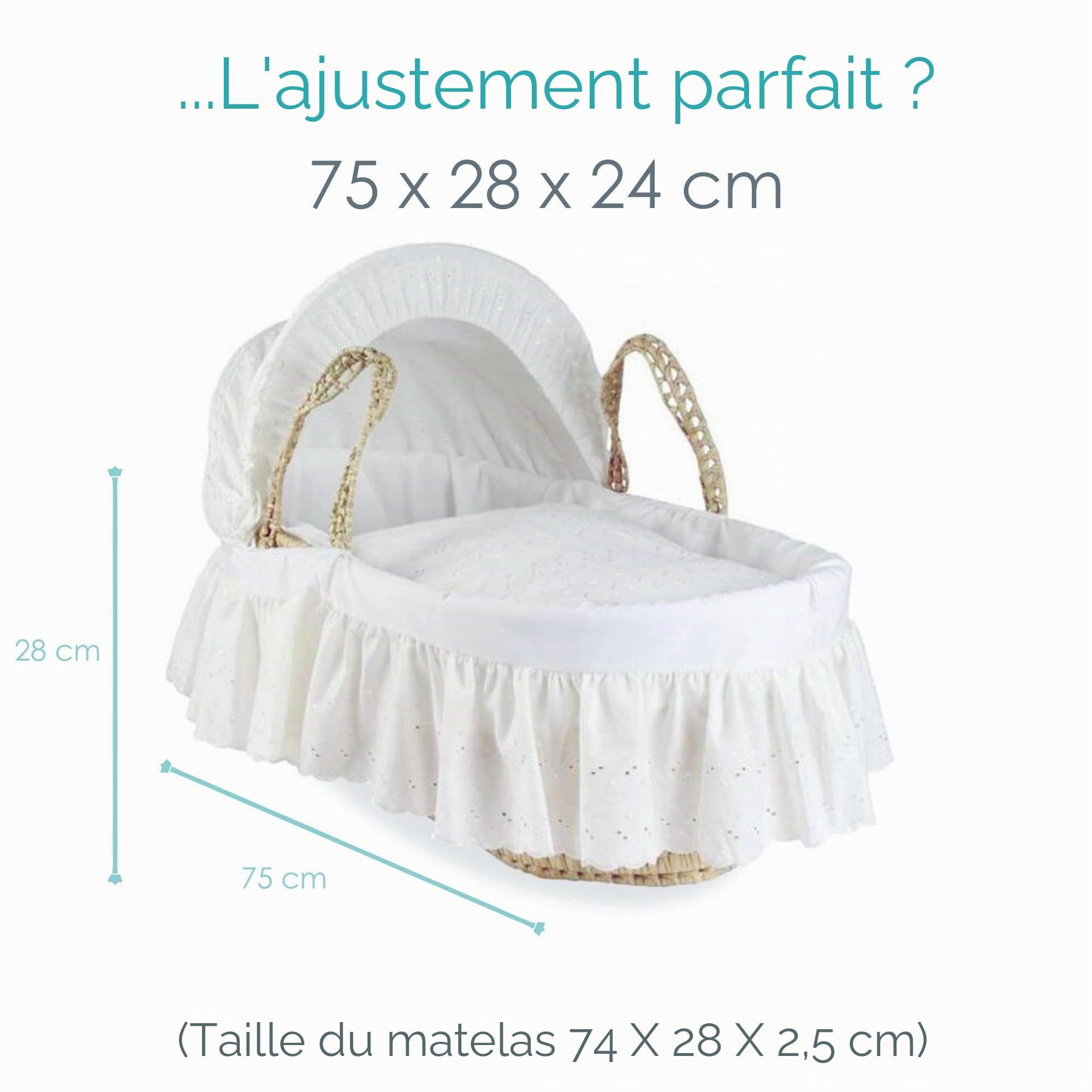 Clair de Lune Couffin Broderie Anglaise en Palmier avec Support à Bascule Deluxe pour bébé 75 x 28 cm