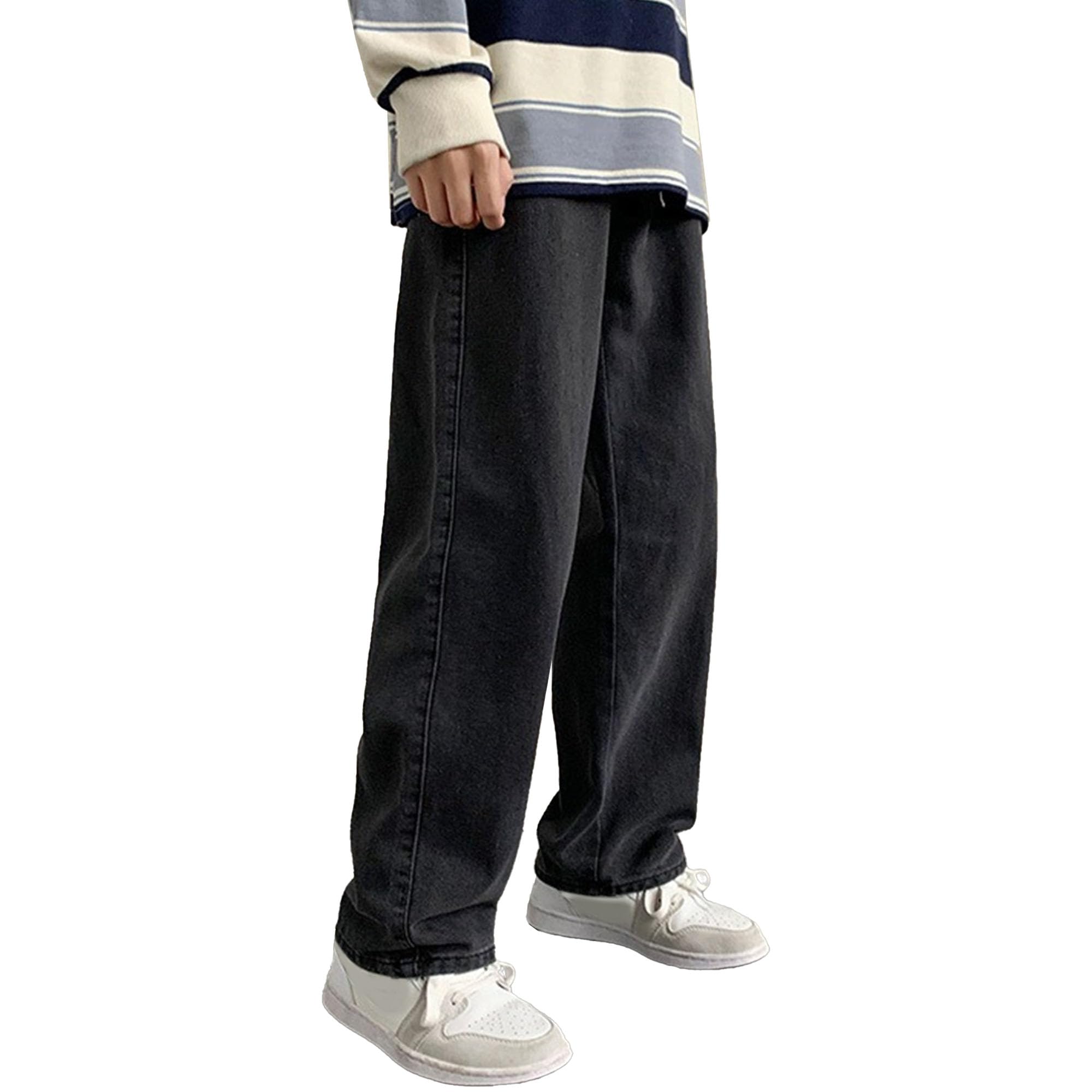 Mens Casual Loose Fit Streetwear Jeans Skater Baggy Wide Leg Denim Pants Drawstring Elastic Waist Denim Jeans