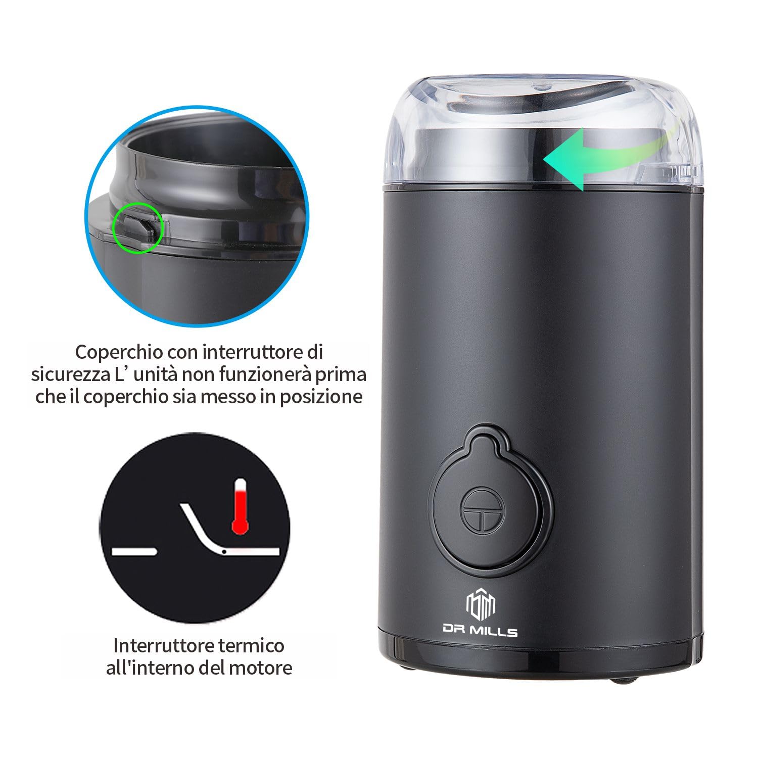 DR MILLS DM-7438 Moulin à épices et à café électrique, couteau, tasse sont en acier inoxydable SUS304