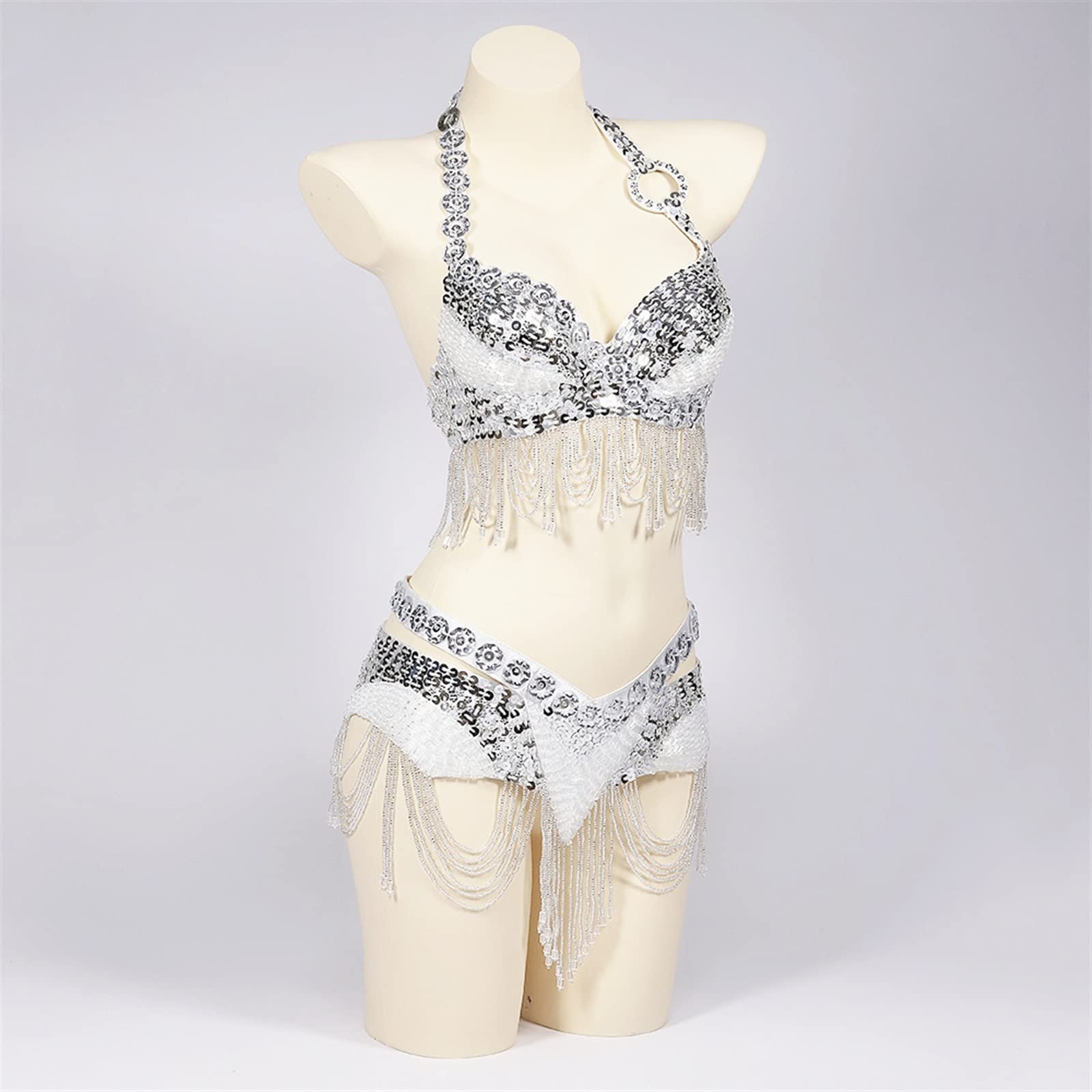 AGAATI Ropa de Baile para Mujer, Sujetador y cinturón con Cuentas de Lentejuelas, Traje de Danza del Vientre, 2 uds., Disfraz de Diamantes de imitación para Danza del Vientre (Lake Blue L)
