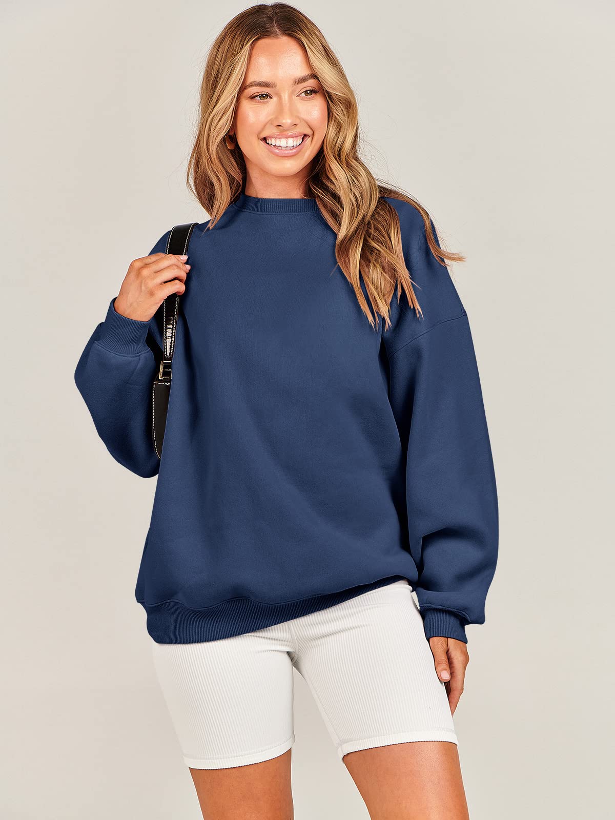 Damskie bluzy oversize bluzy z kapturem polar okrągły dekolt sweter top codzienne jesienne stroje preppy ubrania nastolatki 2024 A1019 światło, Jeden kolor, Navy Blue_XL