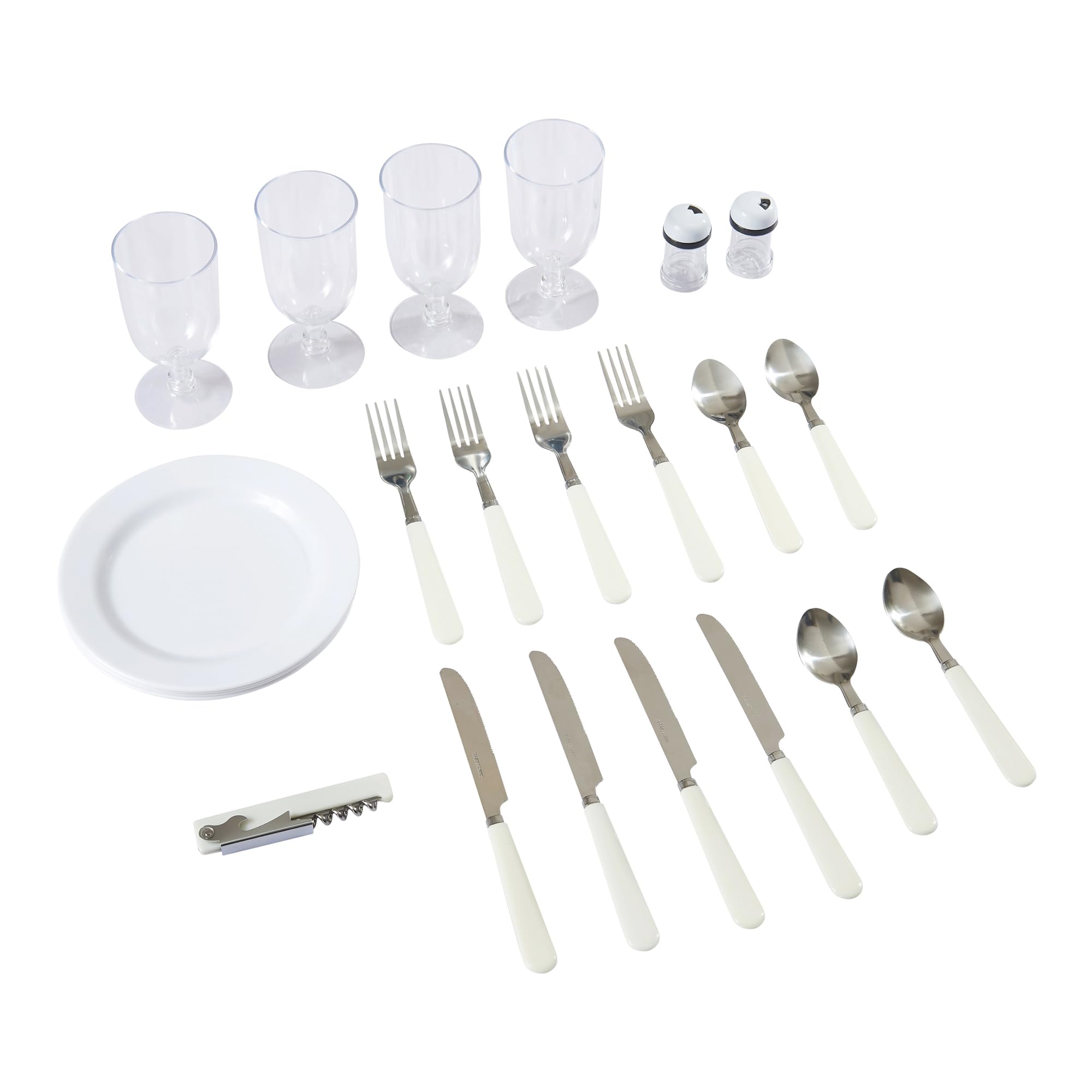 casa.pro Juego de Cesta de Pícnic para 4 Personas con Platos Cubiertos Espacio Amplio para Comida Refrescos Forro a Rayas Correas de Polipiel Mimbre 42 x 28 x 20 cm - Blanco/Azul