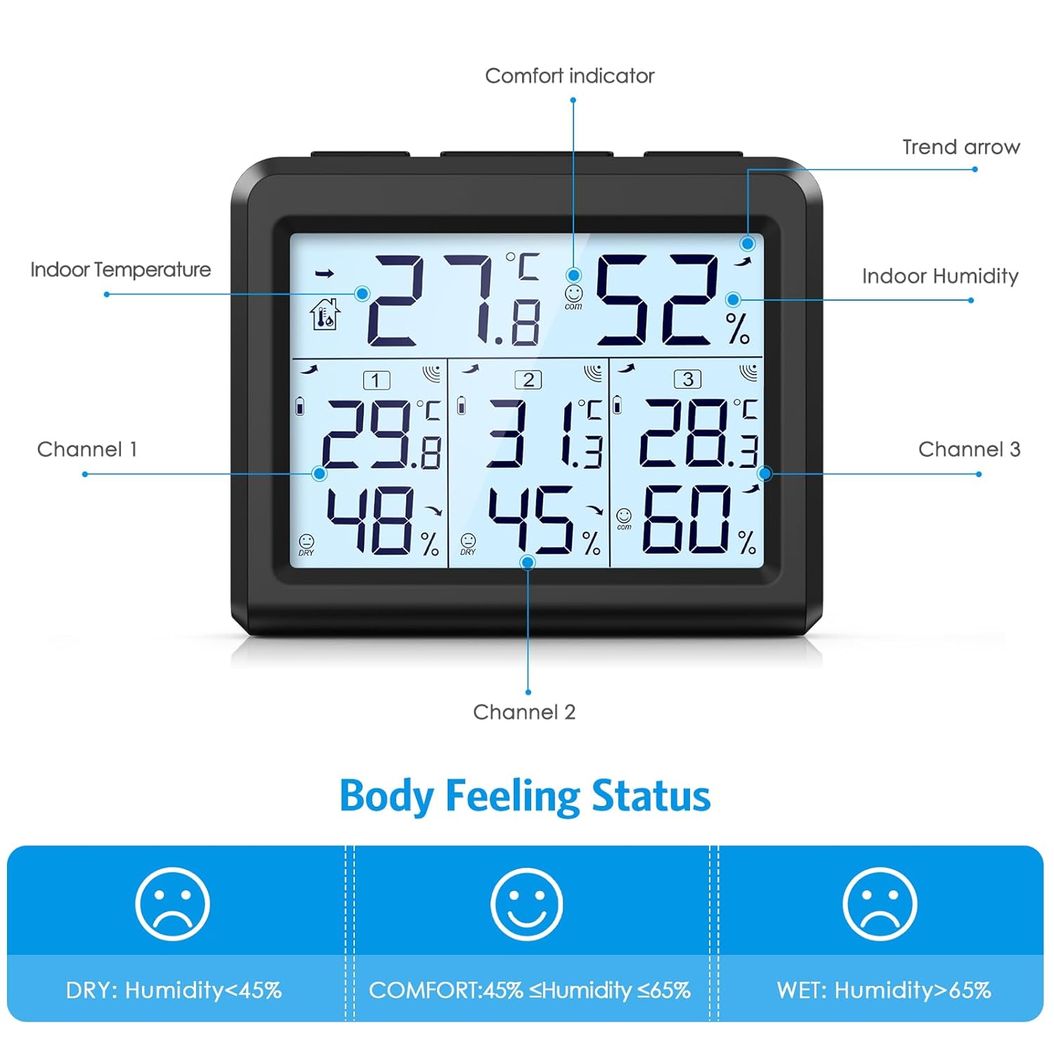 Detailed diagram of the thermometer's LCD display with labels for each indicator