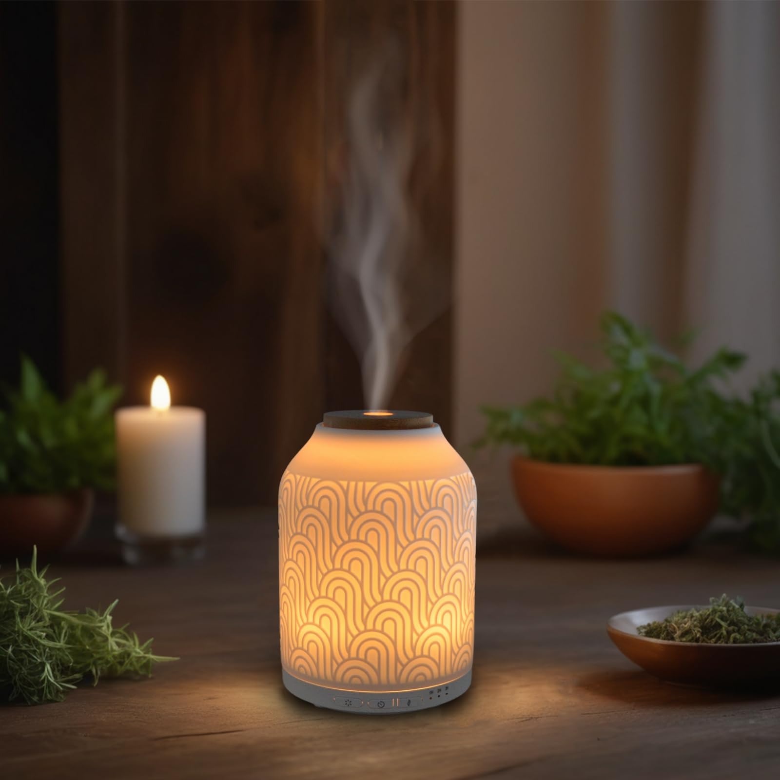 Zen'Aroma Difusor de Aceite Esencial WiFi Praga - Difusor Eléctrico Conectado Compatible Alexa/Google Home - Control Total Remoto en la App Tuya Smart - Materiales Naturales Madera y Cerámica