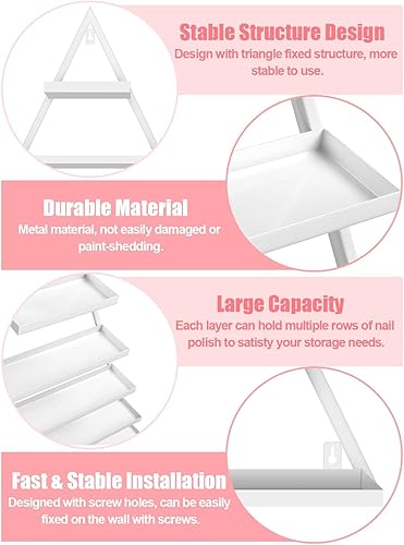 Miniatura 4 de Lorvain - 10 estantes de almacenamiento de esmalte de uñas de metal para montaje en pared, 5 niveles, color blanco, triangular, vitrina de