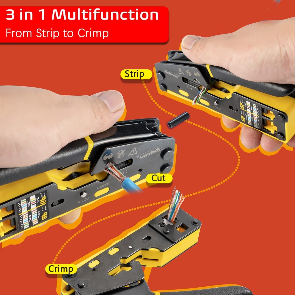 Rokrou RJ45 Crimp Tool Pass Through Ethernet Crimper CAT6 Cat5e Cat5 Connector Crimping Tool Kit For RJ11/12 6P 8P Modular Standard With 20PCS Crystal Head And Network Cable Tester Set