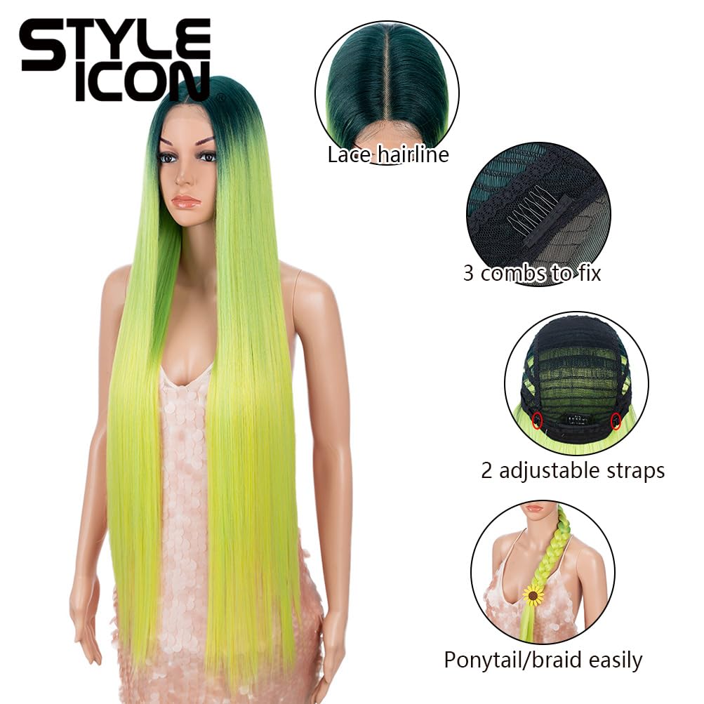 Style Icon 38" Ombre Green Yellow Lemon Wig Super Long Straight Wigs 6" Deeper Middle Part Lace Lace Front Wigs Multiple Color Long Straight Wig (38", GTGN3/YEW3/LEMON)