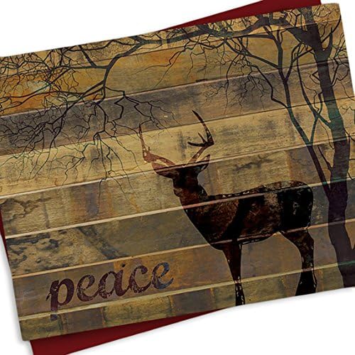 Christmas Holiday Cards - Blank Inside - Set of 24 - Rustic Reclaimed Wood Peace Deer with Tree - Pearlescent Red Envelopes