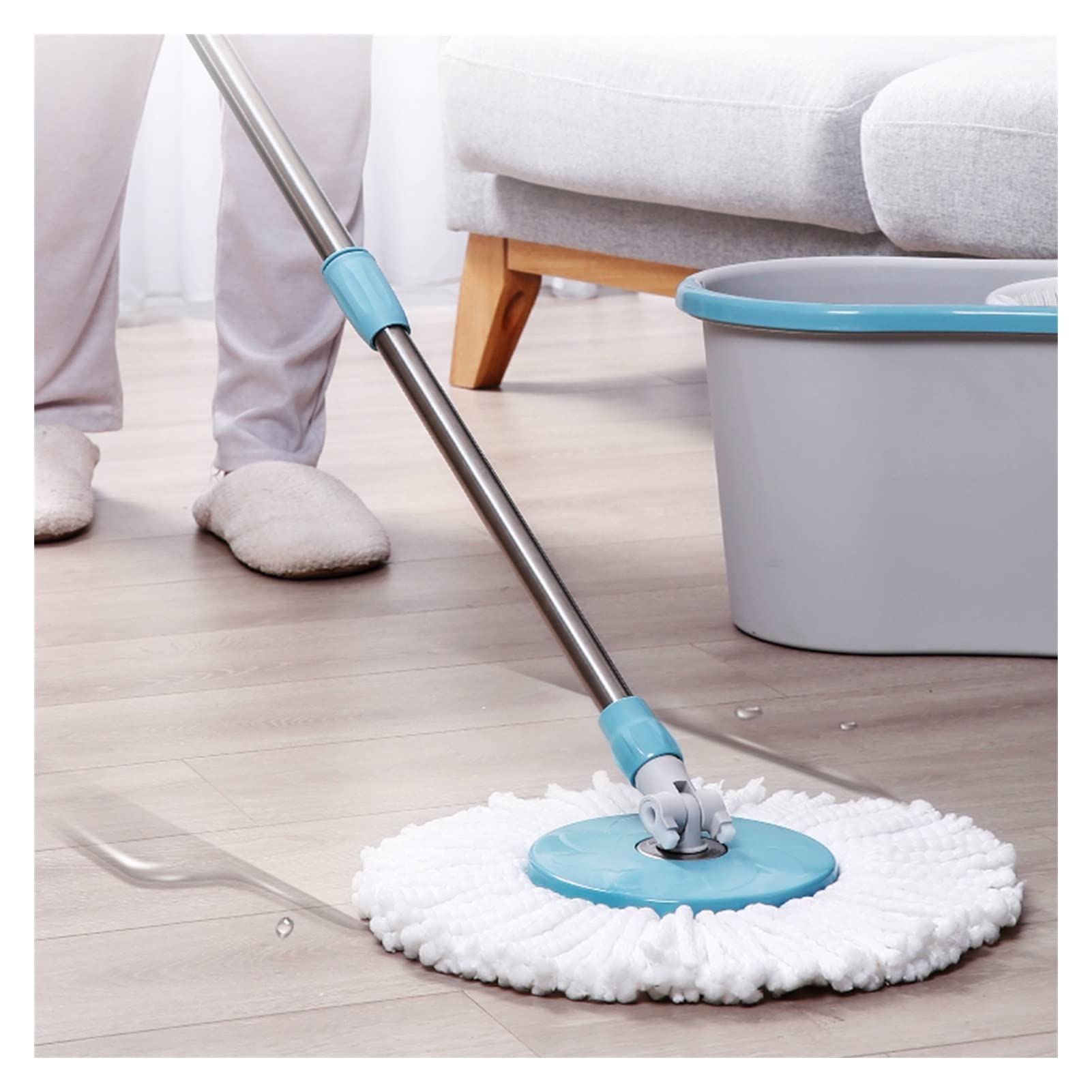 Juego de fregona y cubo giratorios Spin Mop y Bucket con juego de escritorios, sistema de limpieza de pisos, fácil pedal de pie, mango de fregona de acero inoxidable, 2 almohadillas de microfibra Freg
