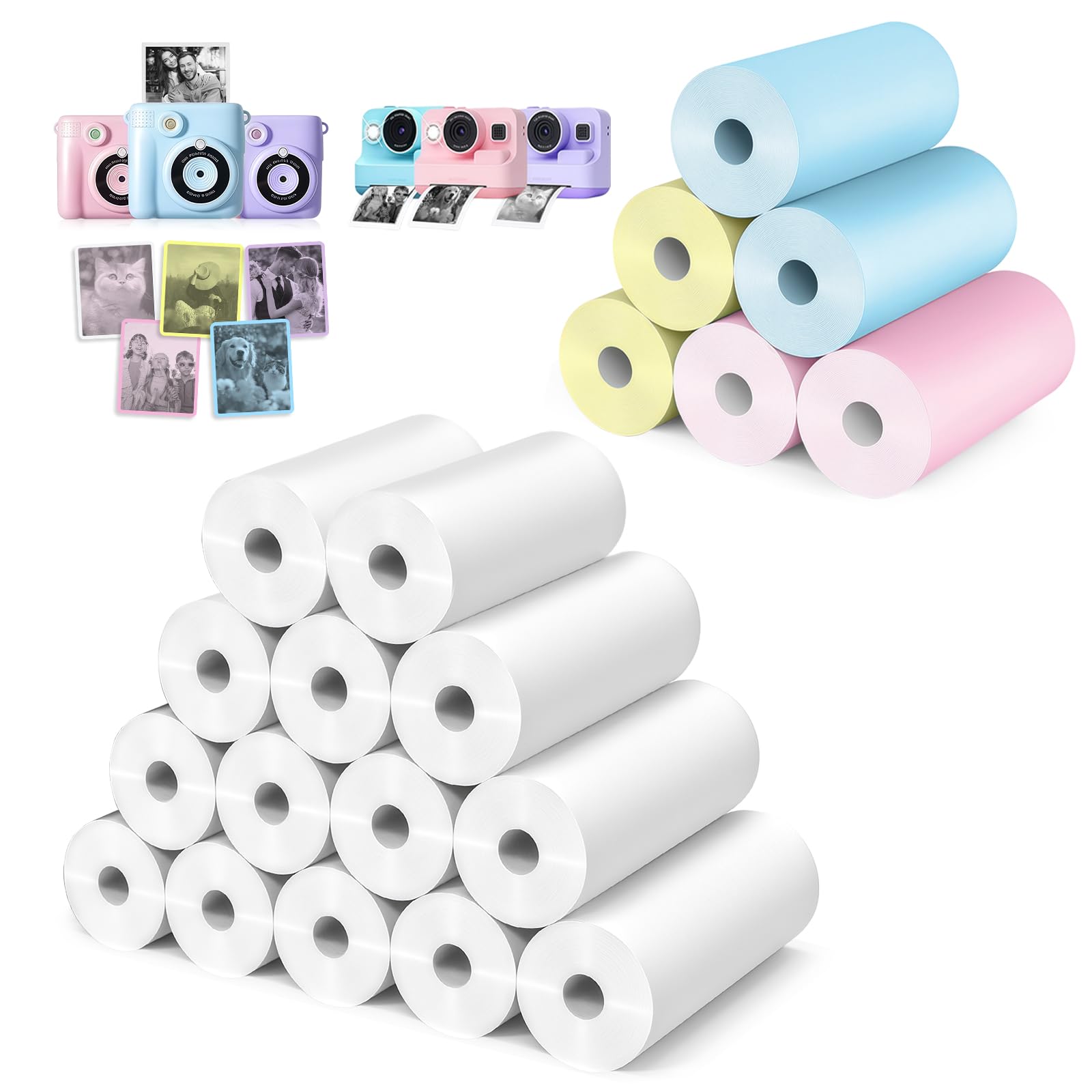 Flintronic 20 rolek papieru do drukowania aparatu dla dzieci (14 białych, 6 kolorowych)