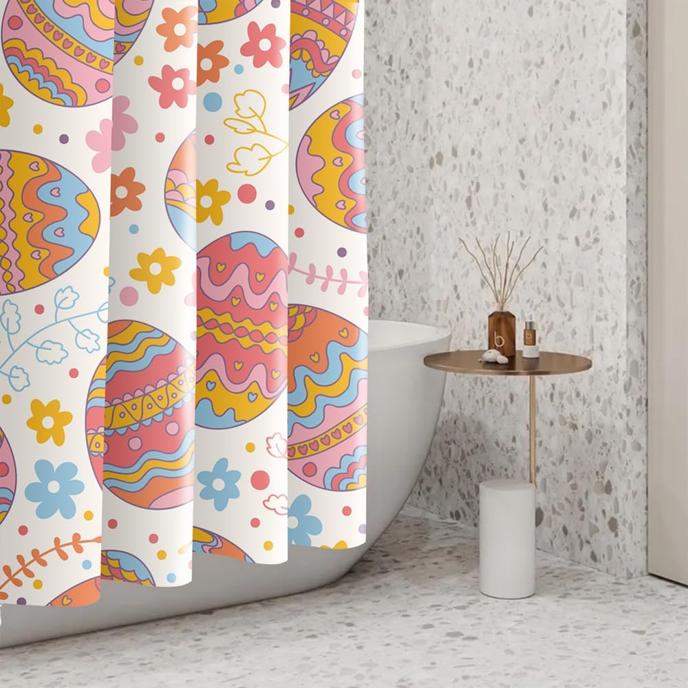 Happy Easter Shower Curtain Boho Easter Eggs Cute Floral Pattern Spring Holiday Bathroom Decoration Waterproof Fabric Modern Aesthetics Bath Accessories Set with Hooks, 72x96 Inch