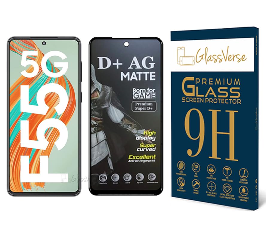 GlassVerse D+ Matte Tempered Glass With 18H Hardness For Samsung Galaxy F55 5G Cellphone(Pack Of 1) With Free Installation Kit Full Screen Coverage-6.7 Inch