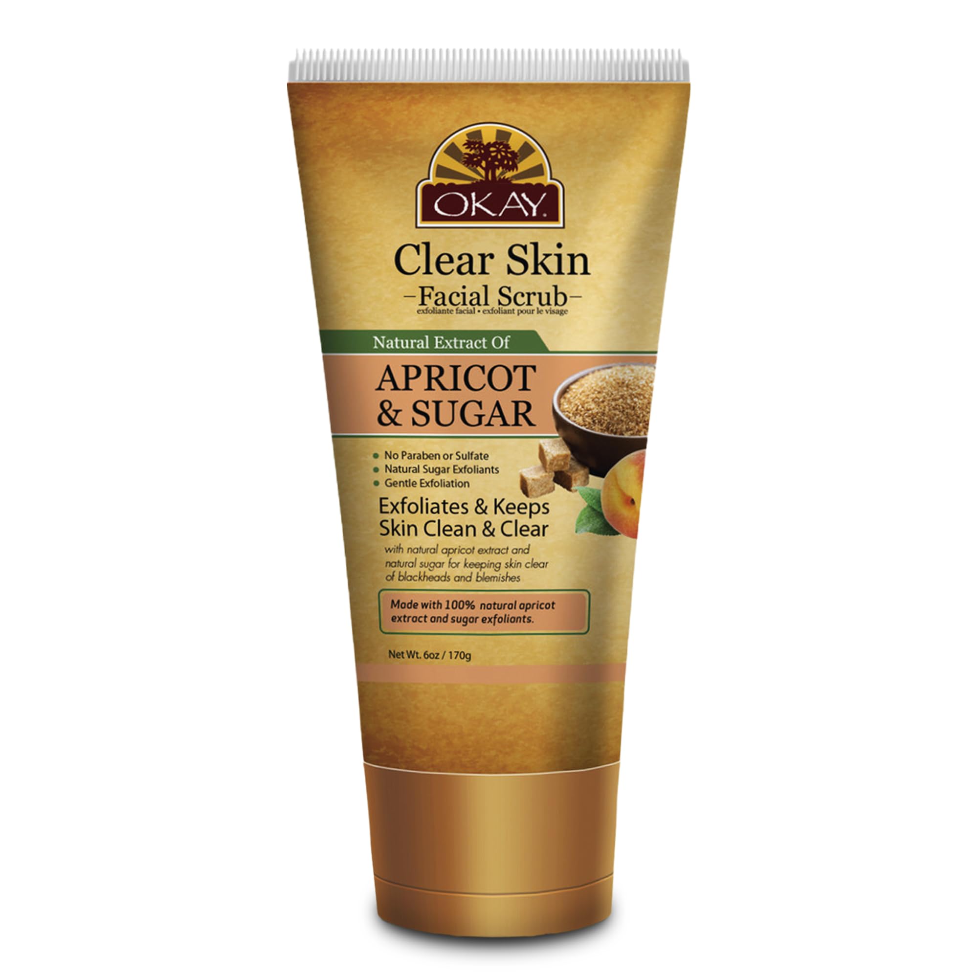 OKAY CLEAR SKIN APRICOT and BROWN SUGAR FACIAL SCRUB Helps Clear Blemishes,Minimize Pores,Leaves Skin Smooth Alcohol,Sulfate,Paraben Free Made in USA 6oz