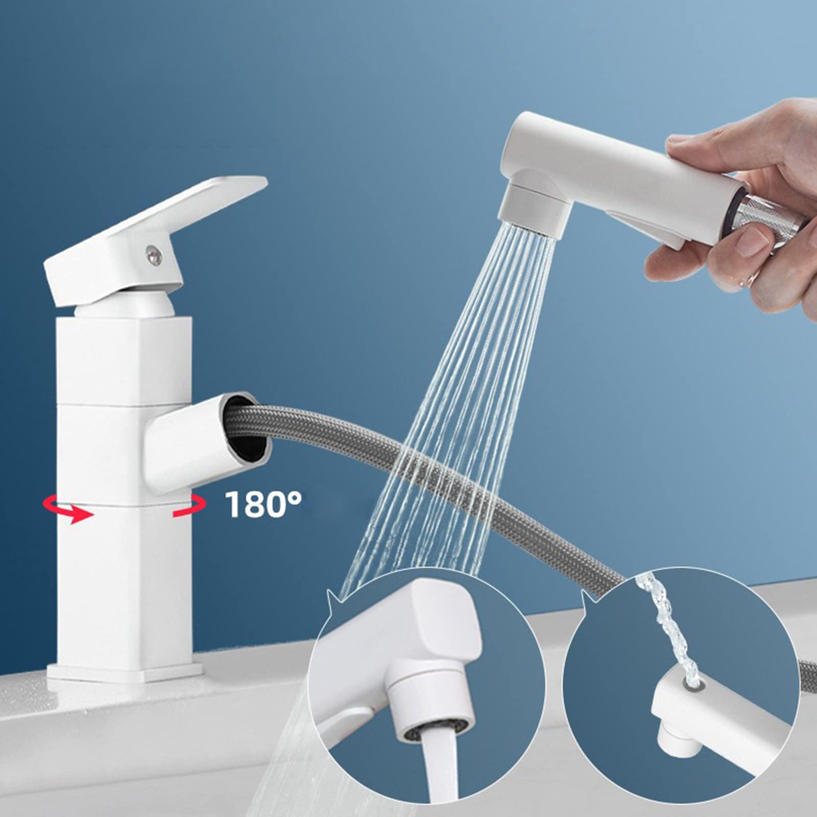 Generico Rubinetto da Bagno Miscelatore Girevole con Doccetta Estraibile per Lavabo da Cucina E Bagno Bianco-Quadrato Inferiore