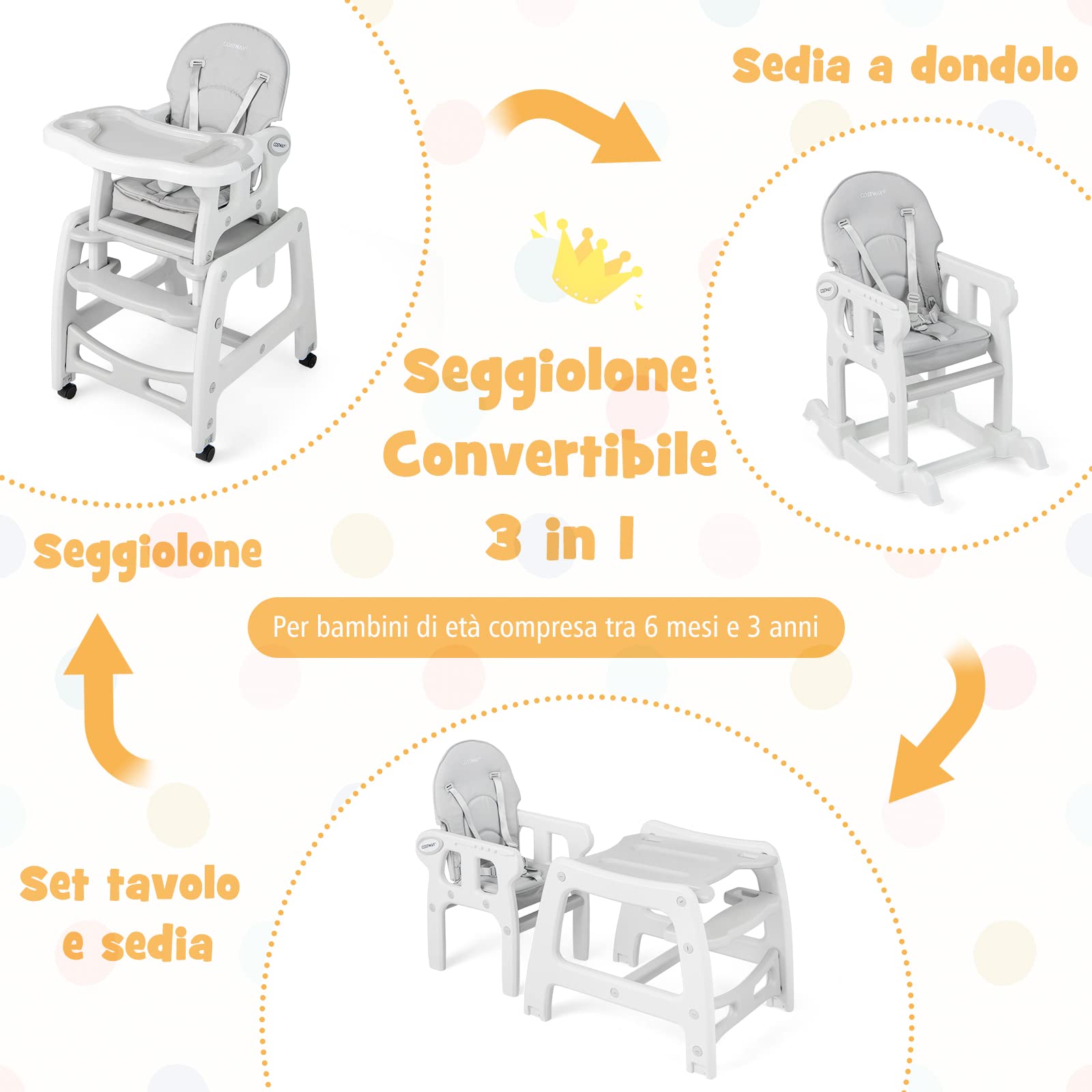 COSTWAY 3 in 1 Seggiolone Pappa Bambini, Seggiolone Neonati con Vassoio Rimovibile, Sedia e Tavolo Convertibile Ragazzi, Schienale Regolabile, Cintura di Sicurezza, per Bambini 6-36 Mesi (Grigio)