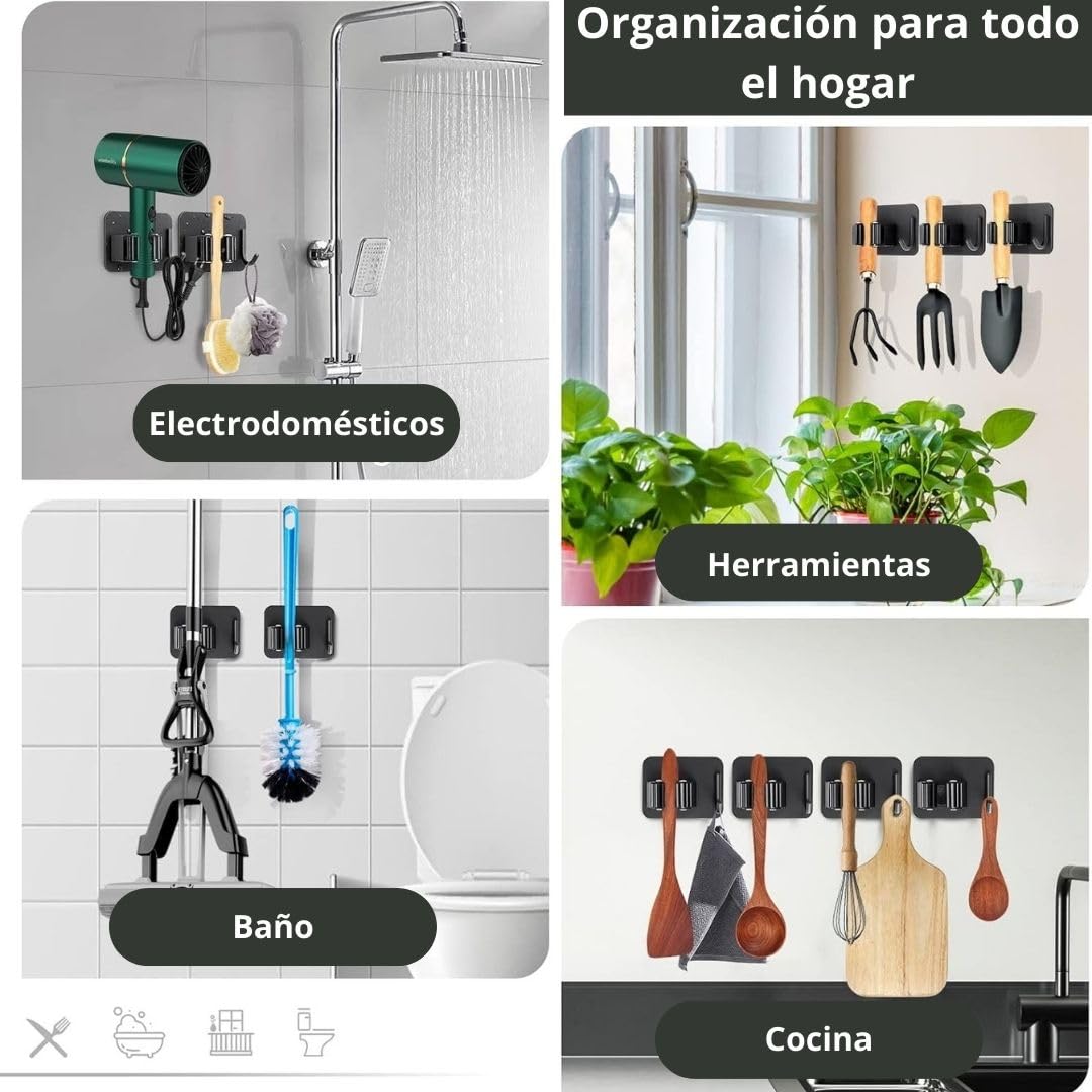 Set 4 Colgadores Escoba y Fregonas Adhesivo, Organizador y Soporte escobas Pared adhesivo, Cuelga y Sujeta Escobas, Escobero pared - Porta Fregona para Colgar Escoba y Fregonas (Negro)