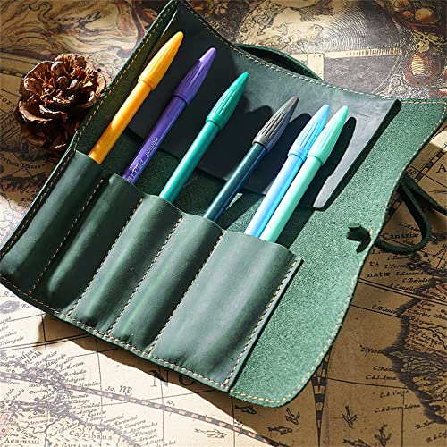 Image of Vintage Genuine Leather Pencil Roll - Pencil Storage Case /Pouch Organizer Handmade (Green)