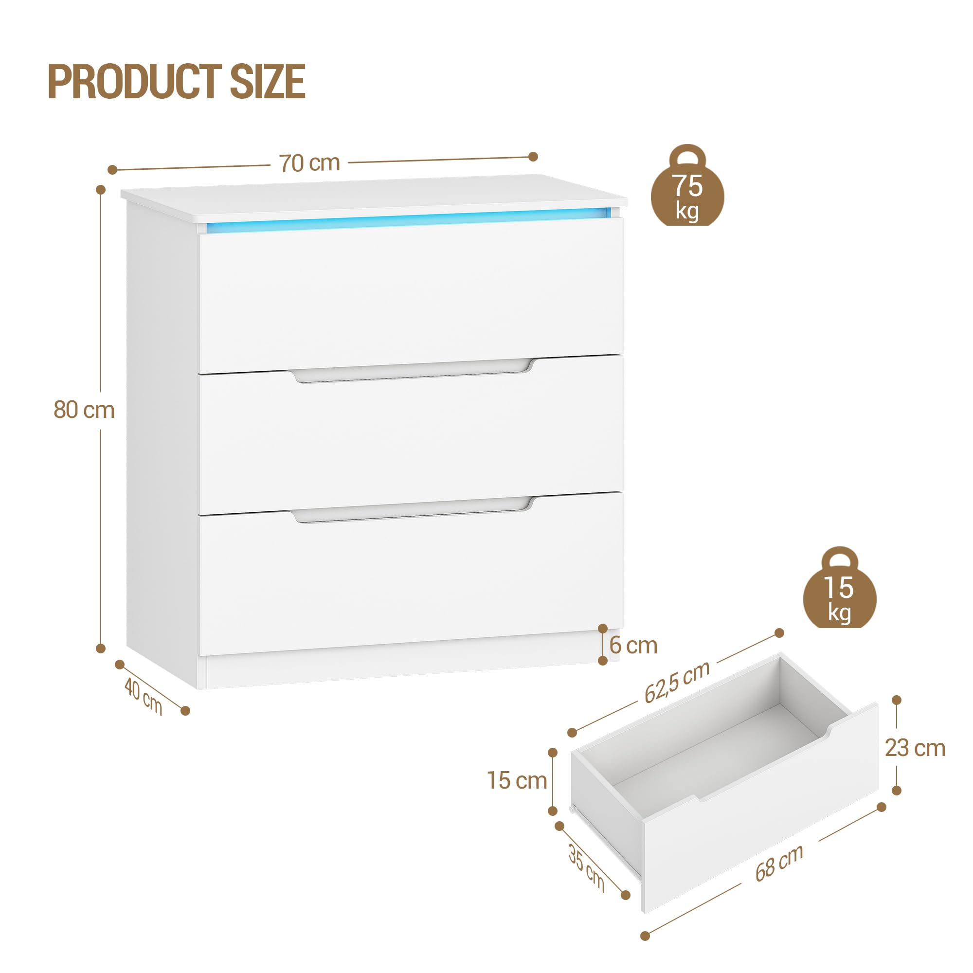 Hzuaneri Kommode, Mit LED-Beleuchtung, Kommode mit 3 Schubladen, Spind mit Beleuchtung, Moderner Stil, Geeignet für Wohnzimmer und Schlafzimmer, 40 x 70 x 80 cm, Weiß DC01303XEU