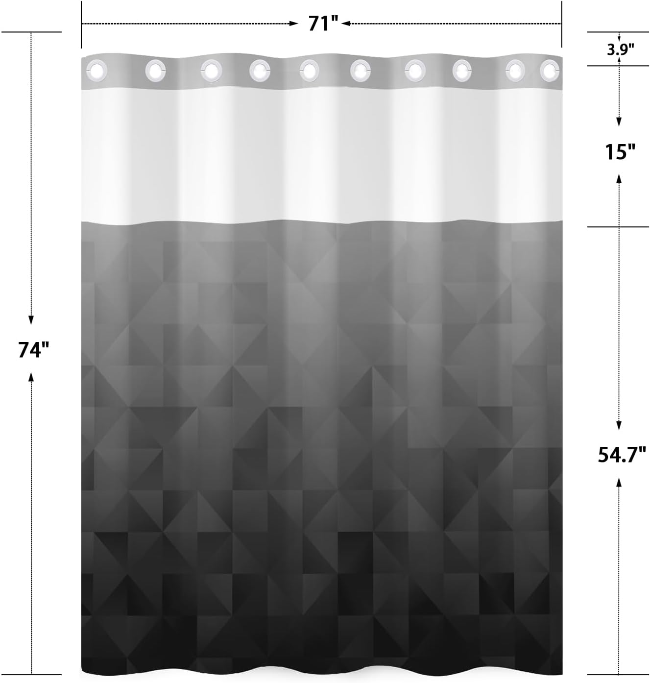 No Hook Shower Curtain with Snap in Liner Set, Black Gray Ombre Geometric Print - Mesh Top Waterproof Double Layer Bath Tub Curtain for Modern Loft & Minimalist Bathroom Decor, 71W x 74H
