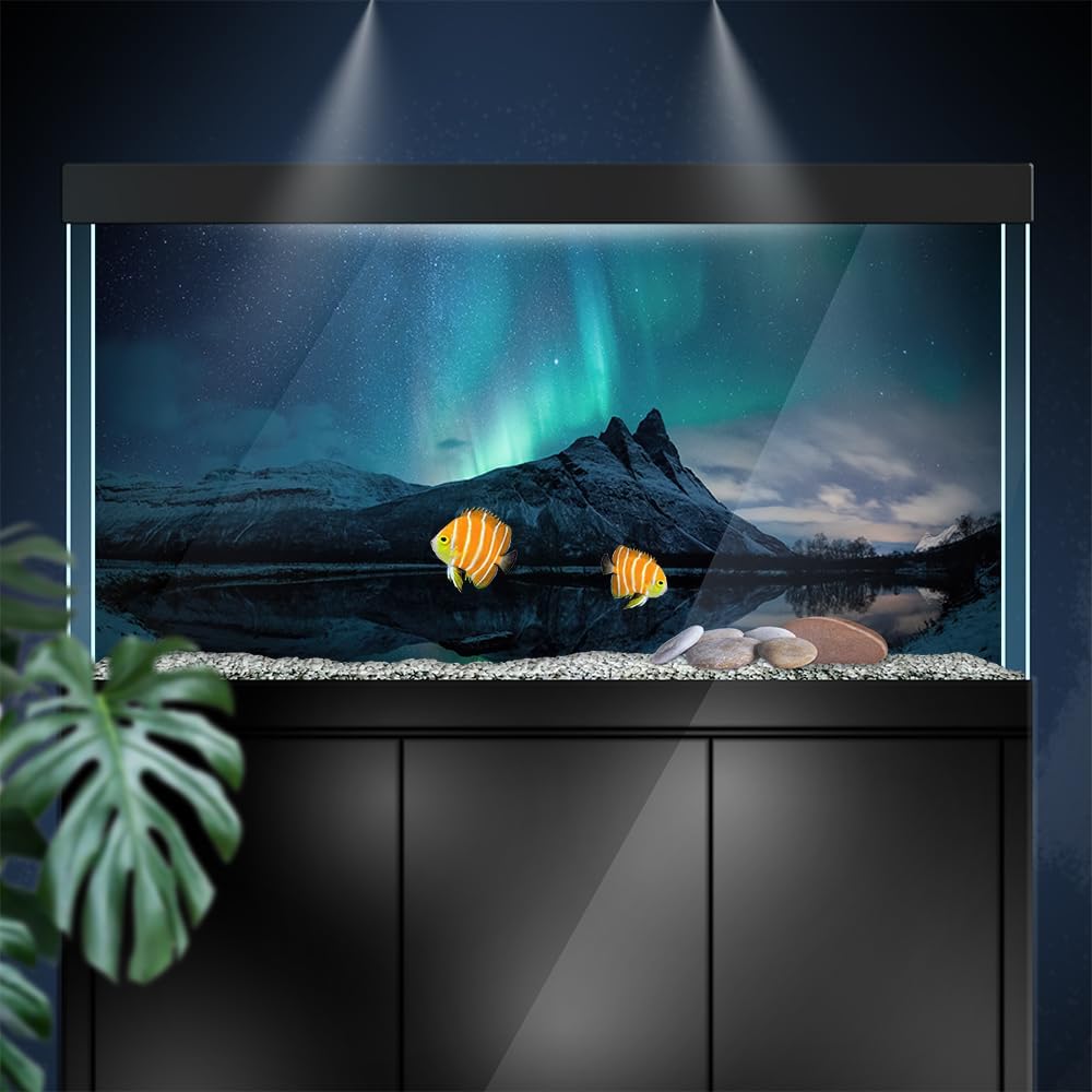 Aquarium Background Stickers - Aurora, Mountain, Stars - Fish Tank Reptile Terrarium Decor Poster (90 x 60 cm / (35.4 x 23.6 inches))
