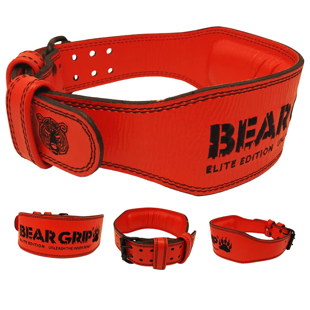 BEAR GRIP Power Belt – Elite Edition Leather Weight Lifting Belt for Men & Women, Double Prong Belt for Gym, Powerlifting, Deadlifts, Weighted Pull-Ups (XS, Red - 4 Double Sided Leather Belt) — image 1