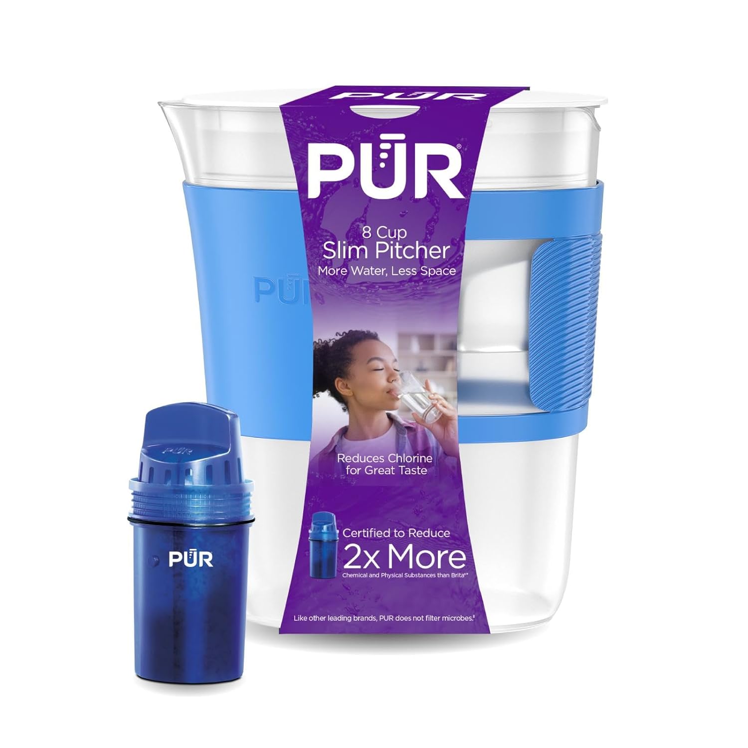 PUR Water Filter Pitcher Slim design 8 Cup capacity with 1 filter, dishwasher safe, faster filtration, water purifier pitcher for cleaner, great tasting water, ideal for compact space, dorm room, Blue product image