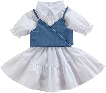 LXXIASHI 2PCS Baby Girl Puff Short Sleeves Lapel Button Down Shirt Dress + V-neck Strap Tie Back Denim Vest Set